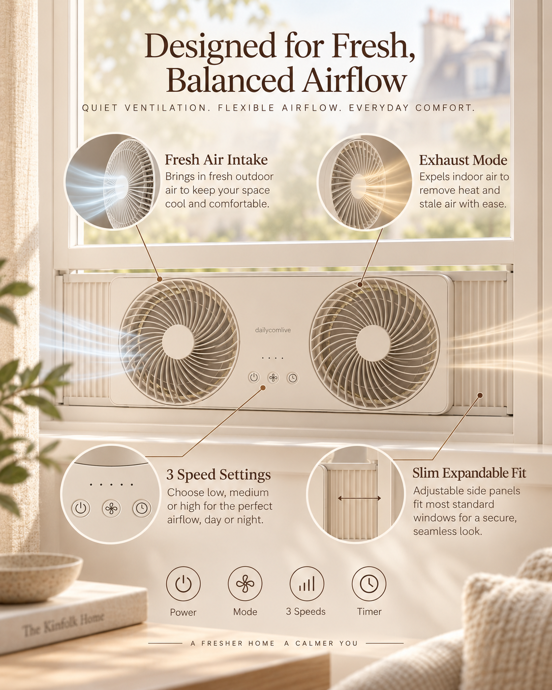 dailycomlive FreshFlow Reversible Window Fan – Dual-Fan Air Circulator with Fresh Air Intake, Exhaust Mode, 3 Speeds, Timer & Expandable Window Fit
