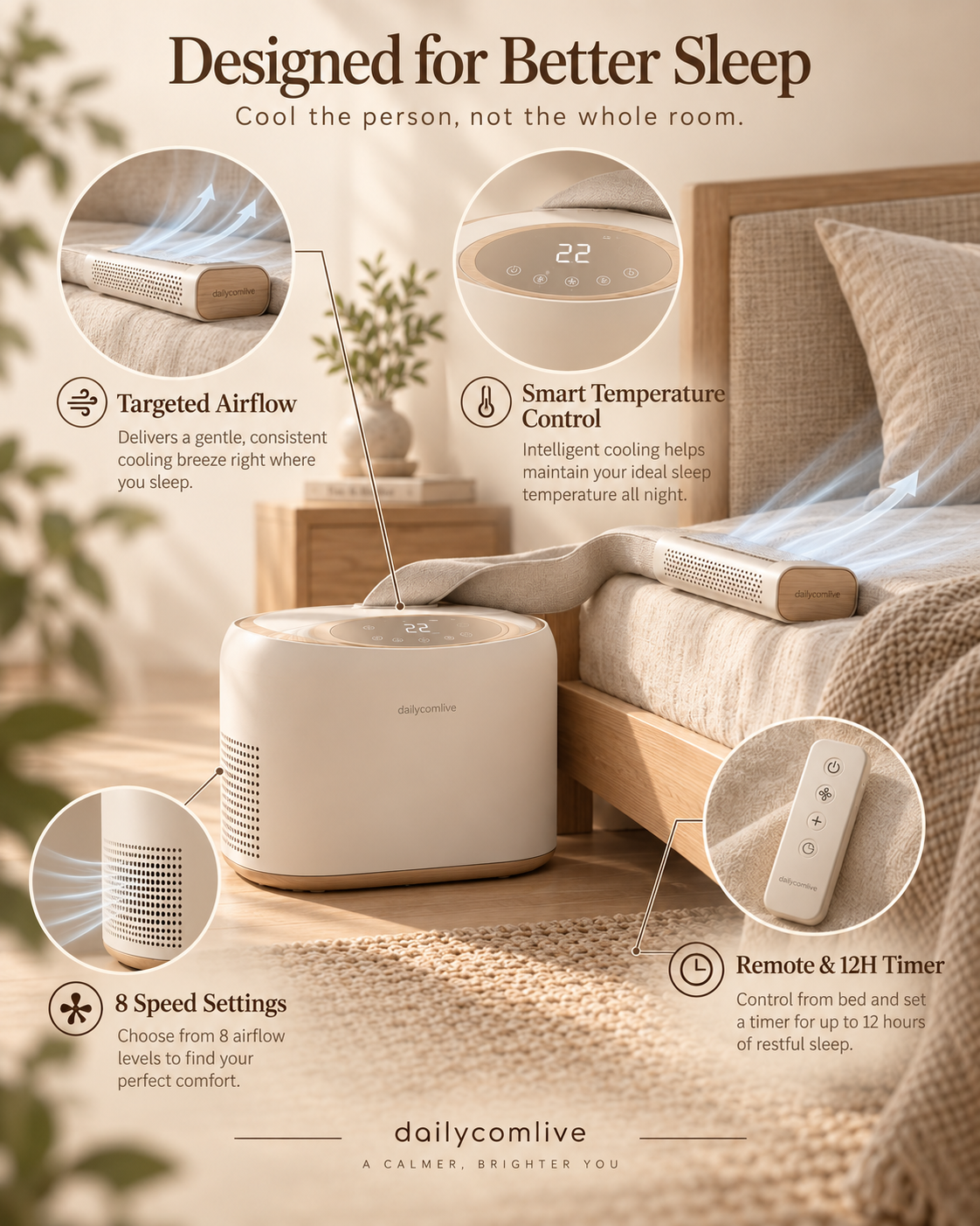 dailycomlive SleepBreeze Bed Cooling System – Ultra-Quiet Targeted Bedside Cooling with 8 Speeds, Smart Temperature Control, Remote & 12H Timer