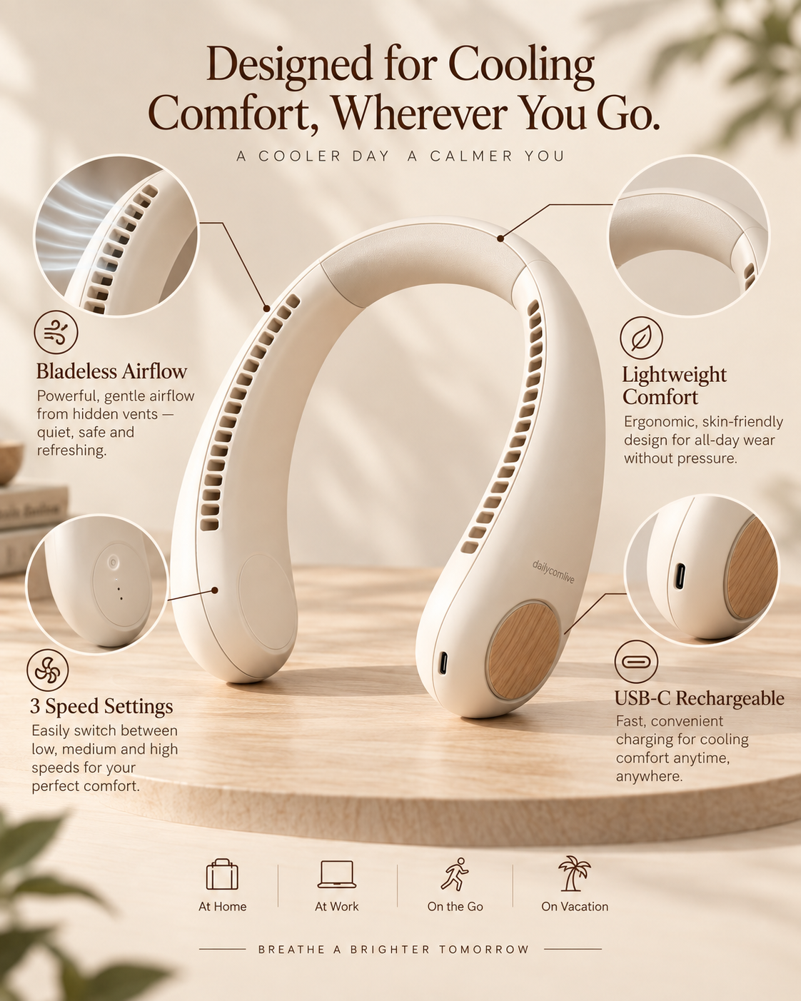 dailycomlive AirHalo Bladeless Neck Fan – Ultra-Quiet Hands-Free Wearable Fan with 3 Speeds, Lightweight Design & USB-C Rechargeable Battery