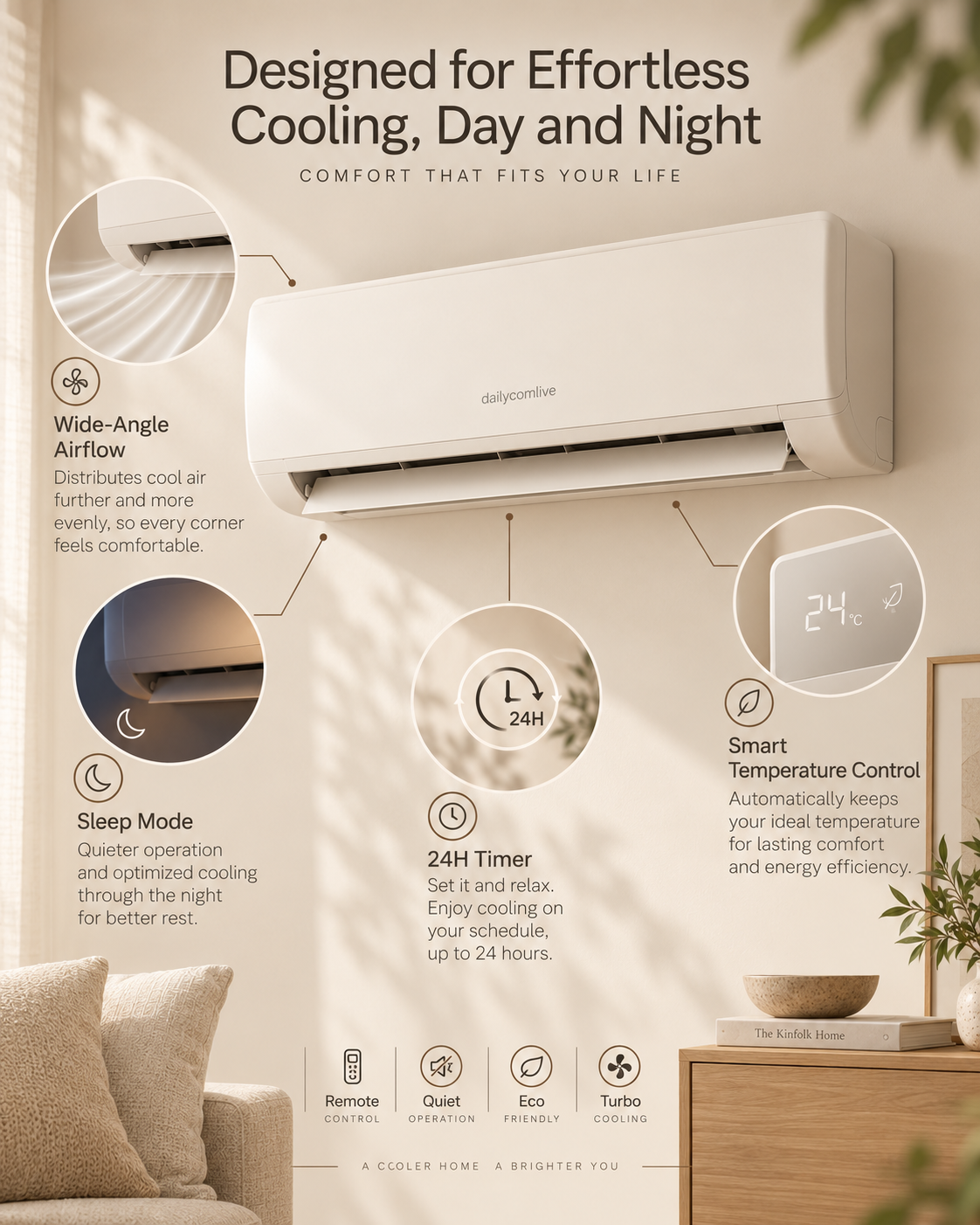 dailycomlive ClimaEase Wall-Mounted Split Air Conditioner – Ultra-Quiet Cooling with Smart Temperature Control, Sleep Mode, 24H Timer & Remote Control