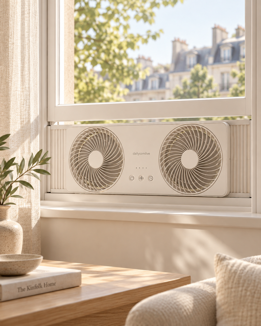 dailycomlive FreshFlow Reversible Window Fan – Dual-Fan Air Circulator with Fresh Air Intake, Exhaust Mode, 3 Speeds, Timer & Expandable Window Fit