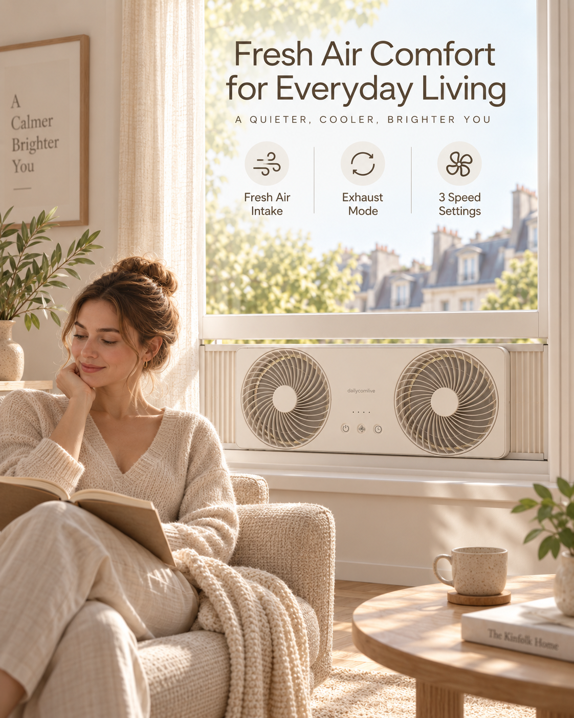 dailycomlive FreshFlow Reversible Window Fan – Dual-Fan Air Circulator with Fresh Air Intake, Exhaust Mode, 3 Speeds, Timer & Expandable Window Fit