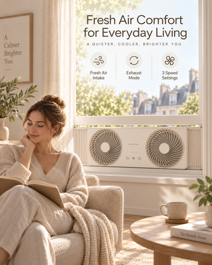 dailycomlive FreshFlow Reversible Window Fan – Dual-Fan Air Circulator with Fresh Air Intake, Exhaust Mode, 3 Speeds, Timer & Expandable Window Fit