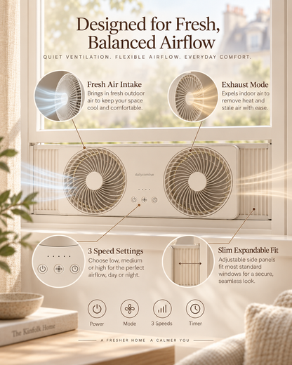 dailycomlive FreshFlow Reversible Window Fan – Dual-Fan Air Circulator with Fresh Air Intake, Exhaust Mode, 3 Speeds, Timer & Expandable Window Fit