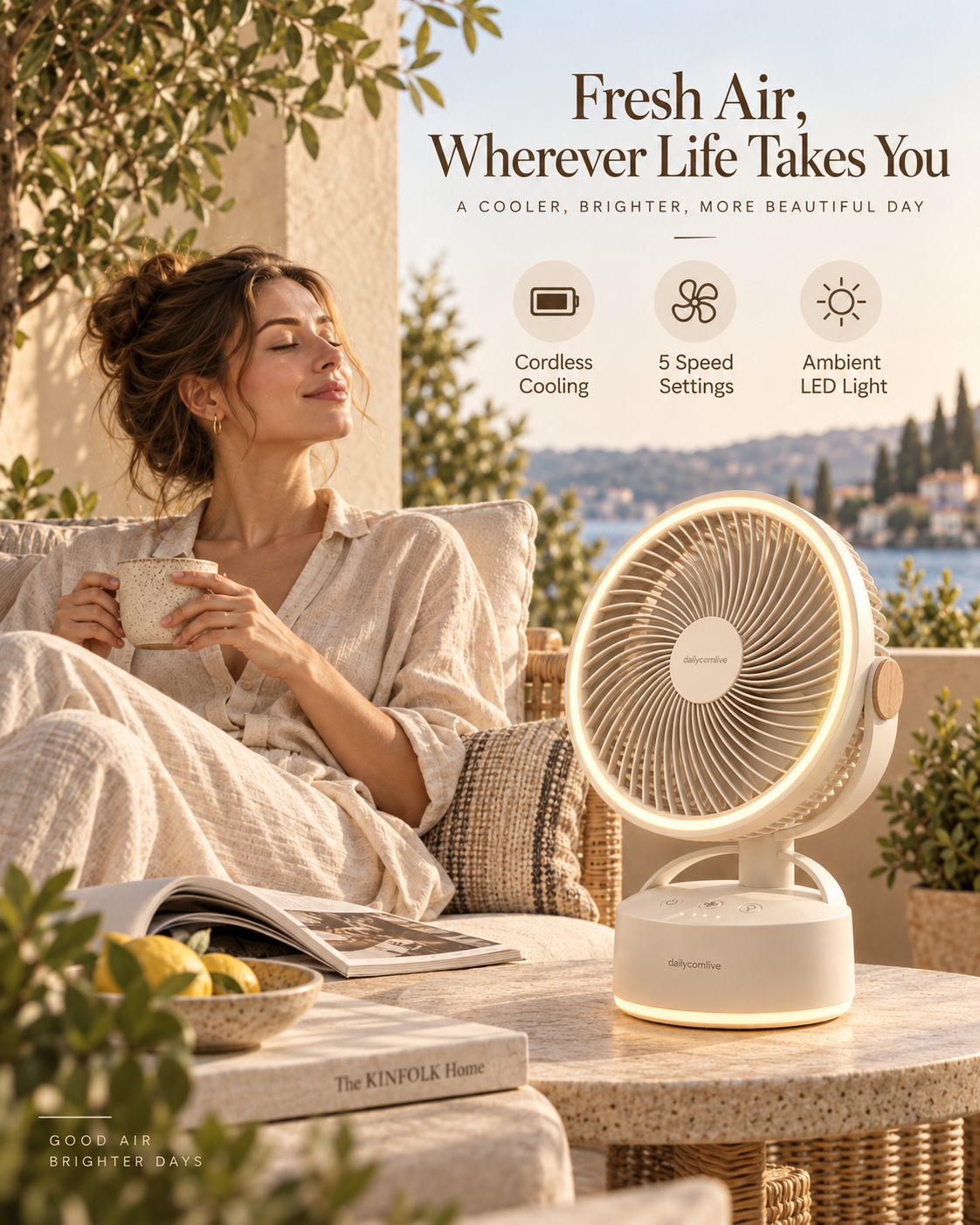 dailycomlive PatioBreeze Outdoor Circulator Fan – Cordless Rechargeable Fan with 5 Speeds, Adjustable Tilt, Ambient LED Light & USB-C Charging