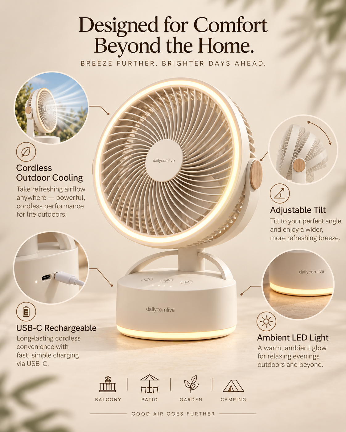 dailycomlive PatioBreeze Outdoor Circulator Fan – Cordless Rechargeable Fan with 5 Speeds, Adjustable Tilt, Ambient LED Light & USB-C Charging