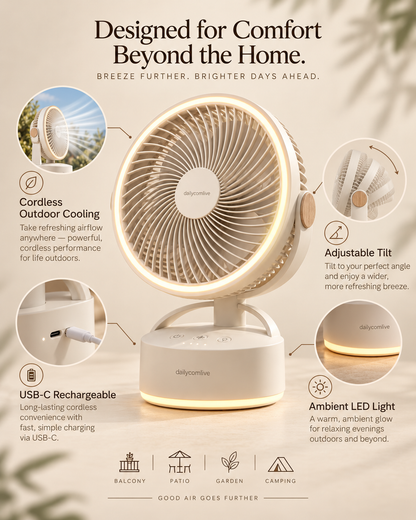 dailycomlive PatioBreeze Outdoor Circulator Fan – Cordless Rechargeable Fan with 5 Speeds, Adjustable Tilt, Ambient LED Light & USB-C Charging