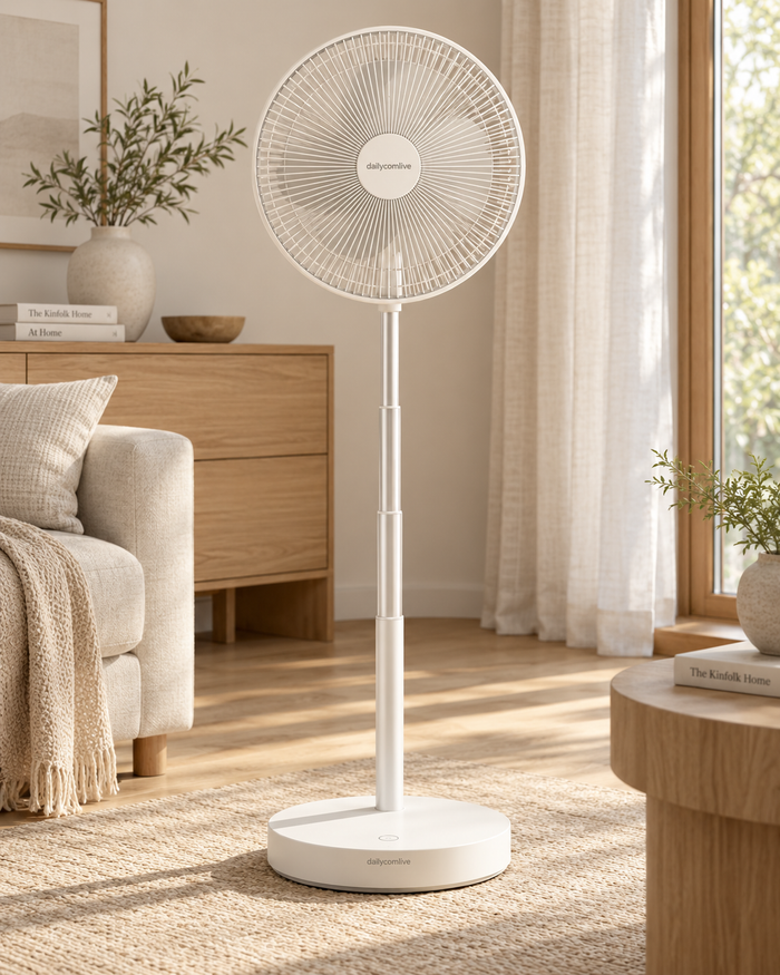 dailycomlive FlexBreeze Foldable Standing Fan – Rechargeable Cordless Telescopic Fan with 4 Speeds & Adjustable Height