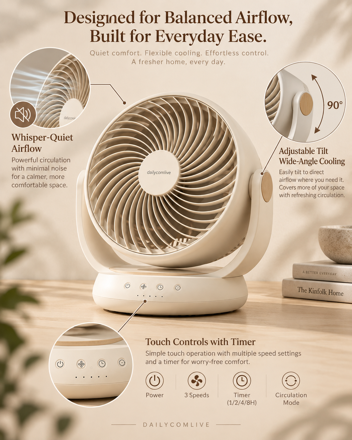dailycomlive OrbitFlow Air Circulator – Ultra-Quiet Whole-Room Fan with 120° Oscillation, 90° Tilt, 3 Speeds & Timer
