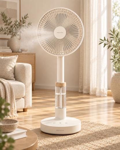 dailycomlive AquaCalm Misting Standing Fan – Ultra-Quiet 90° Oscillating Fan with Fine Mist Cooling, 3 Speeds & Touch Timer