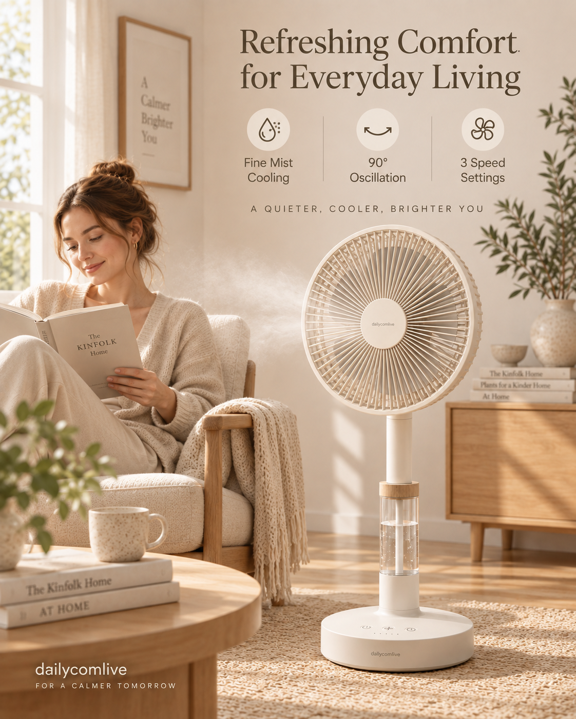 dailycomlive AquaCalm Misting Standing Fan – Ultra-Quiet 90° Oscillating Fan with Fine Mist Cooling, 3 Speeds & Touch Timer