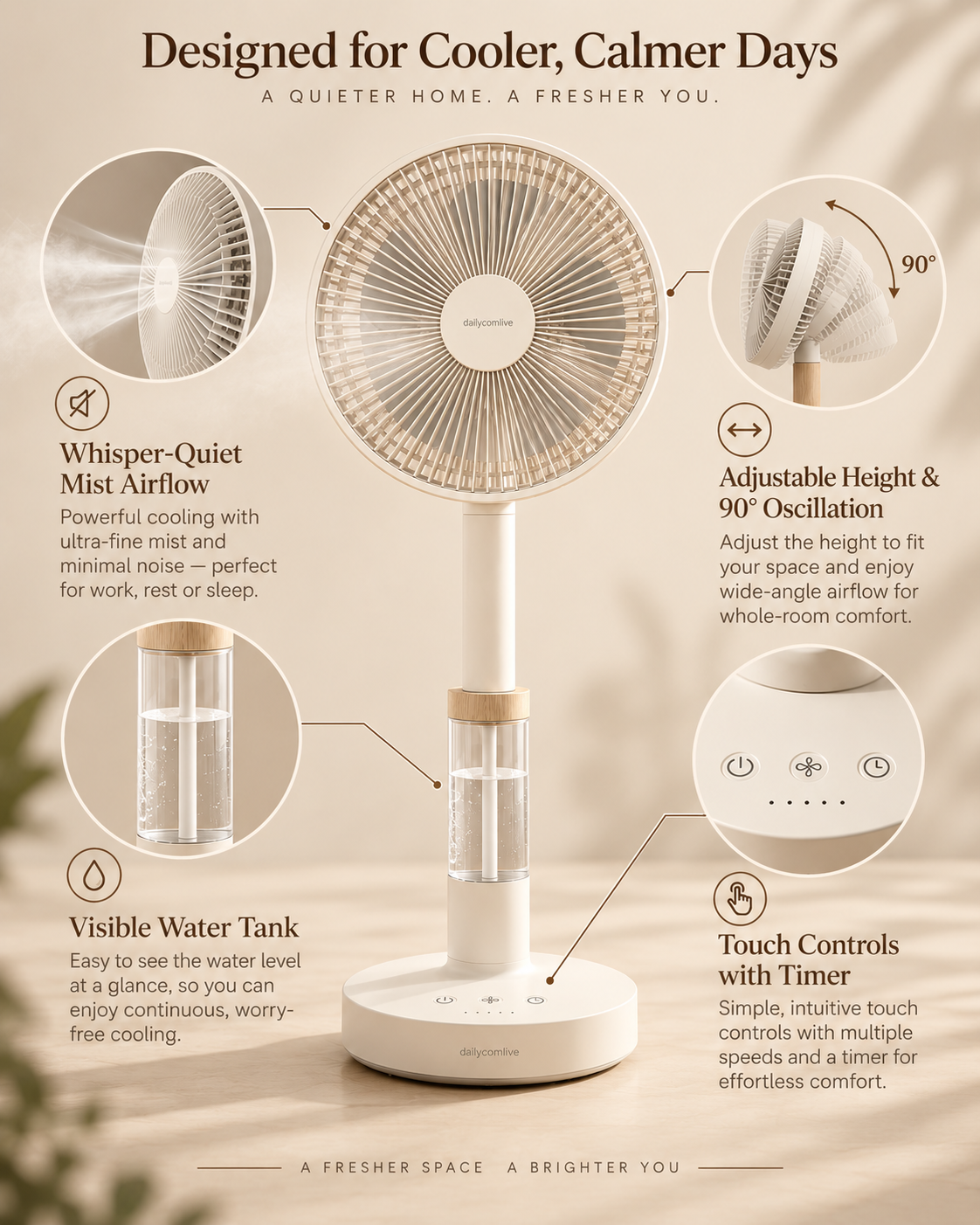 dailycomlive AquaCalm Misting Standing Fan – Ultra-Quiet 90° Oscillating Fan with Fine Mist Cooling, 3 Speeds & Touch Timer