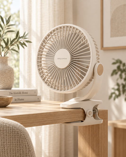 dailycomlive ClipBreeze Portable Clip Fan – Ultra-Quiet 360° Adjustable Desk Fan with USB-C Rechargeable Battery, Secure Clamp & One-Touch Control