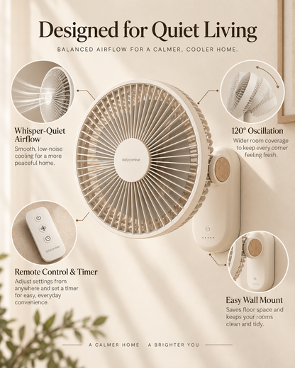dailycomlive WallBreeze Wall-Mounted Fan – Ultra-Quiet 120° Oscillating Air Circulator with Remote Control, Timer & Adjustable Tilt